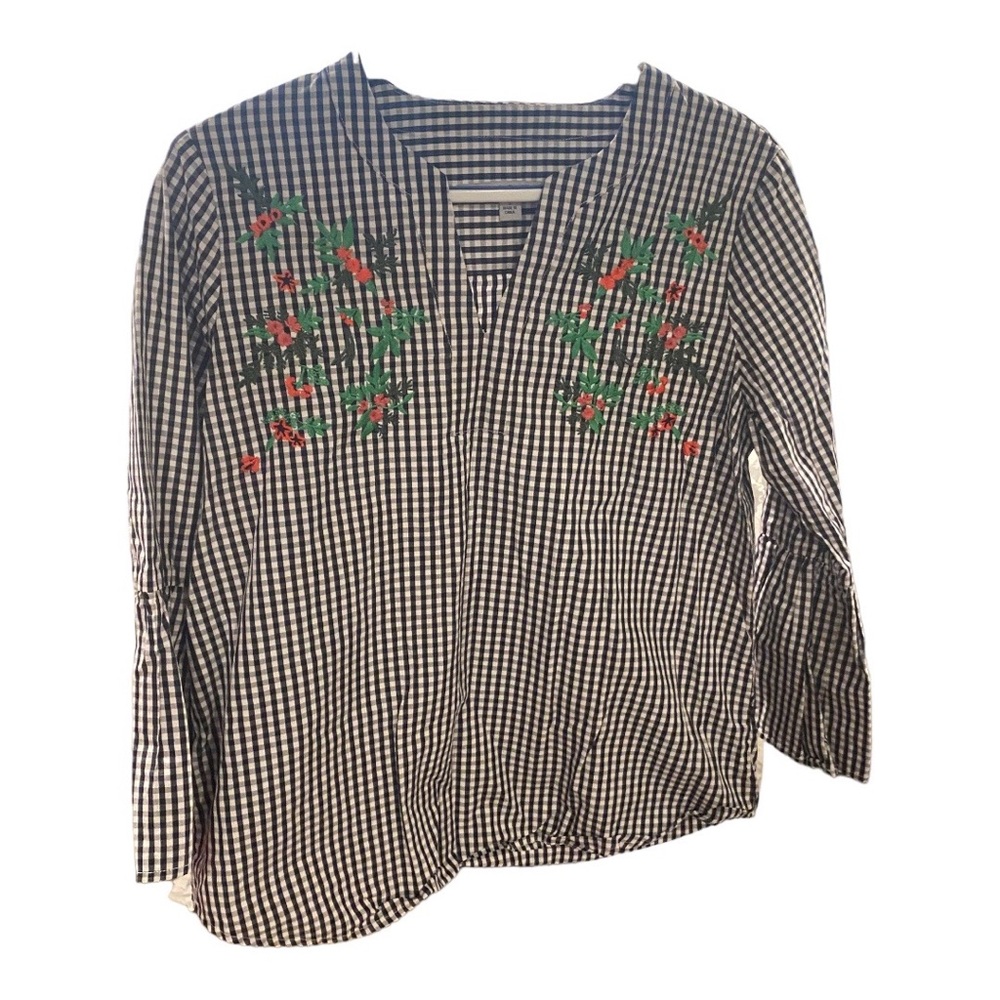 Marc New York Gingham Bell Sleeve Floral Embroidered Cotton Top Small
